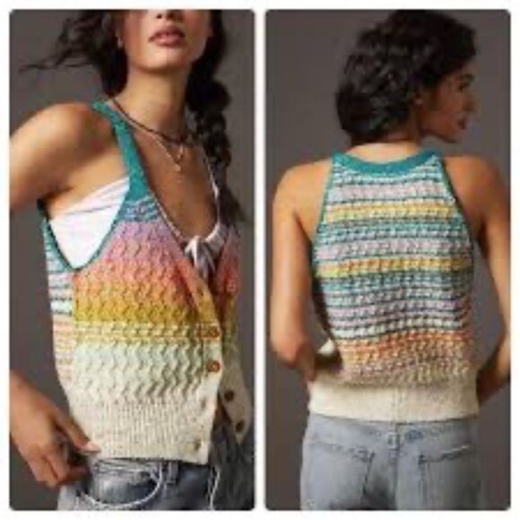 Pilcro Samaloa Women's Striped Slub Knit Sweater Tank Button Front Sz XXS - Picture 1 of 7